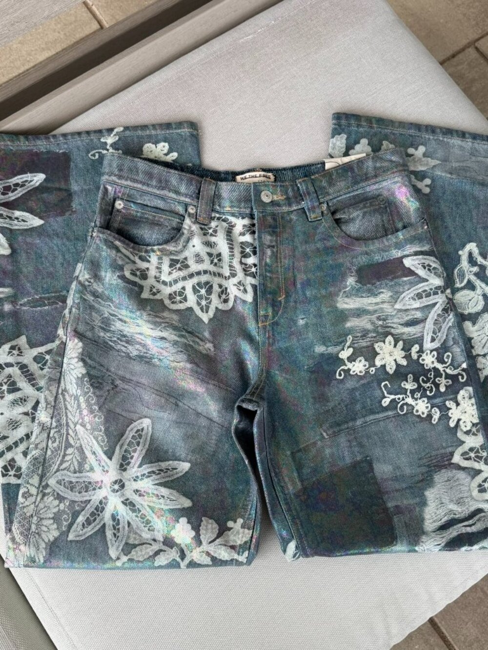 NWT Free People We The Free Tinsley Printed Jeans Illusions Hologram 28